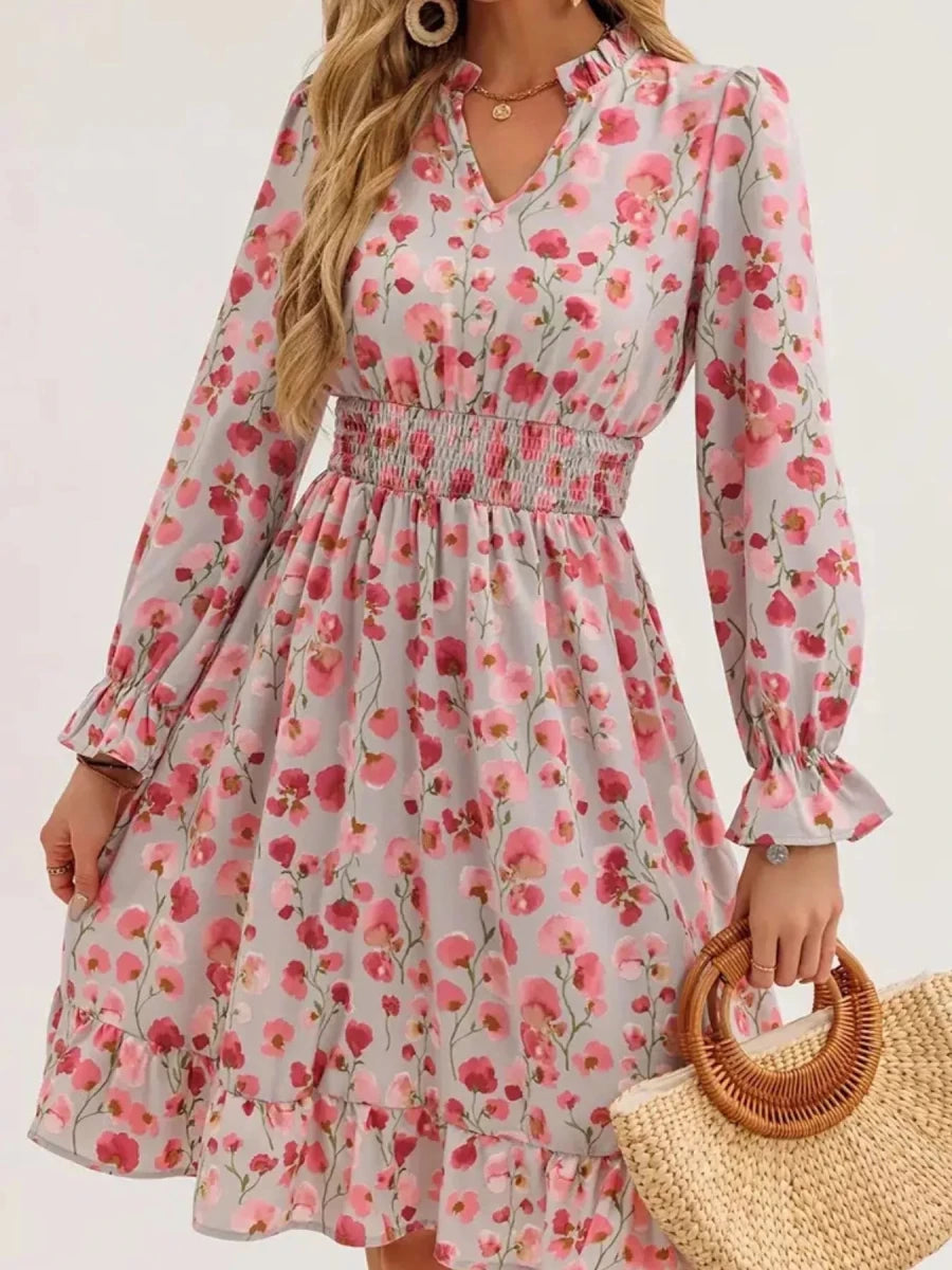 Floral Notched Flounce Sleeve Dress - Wow Store