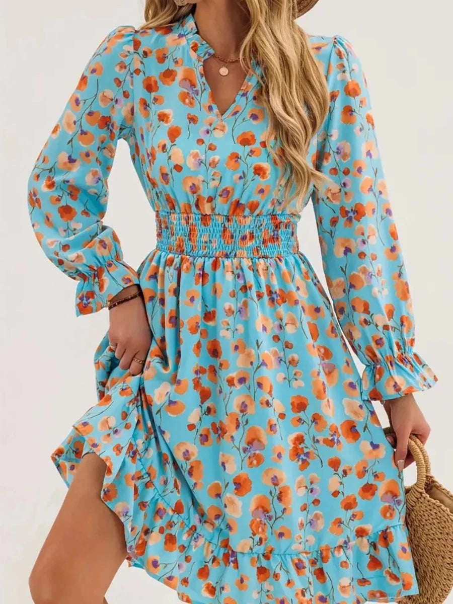 Floral Notched Flounce Sleeve Dress - Wow Store