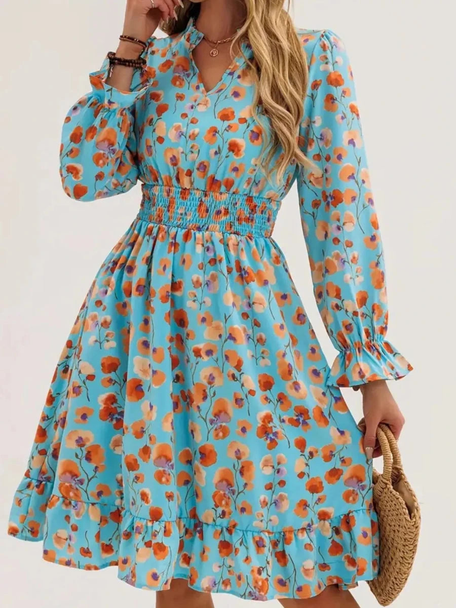 Floral Notched Flounce Sleeve Dress - Wow Store