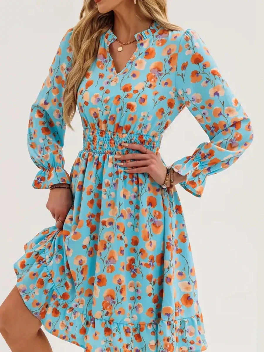 Floral Notched Flounce Sleeve Dress - Wow Store
