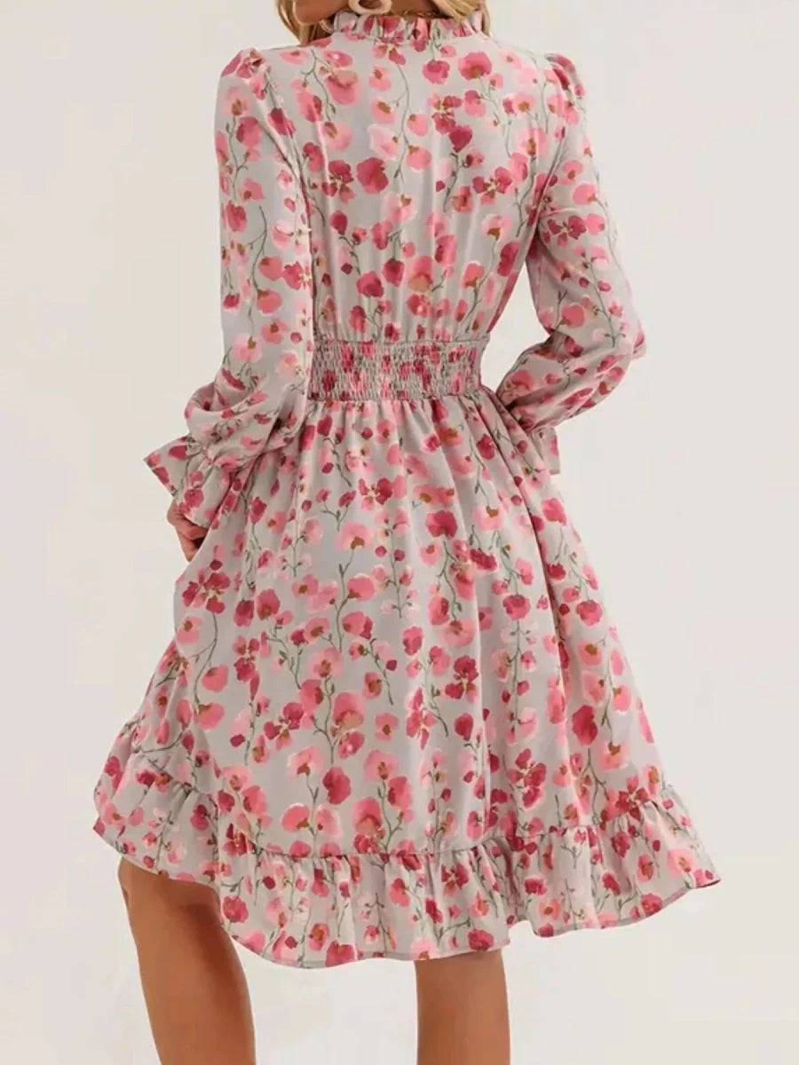 Floral Notched Flounce Sleeve Dress - Wow Store