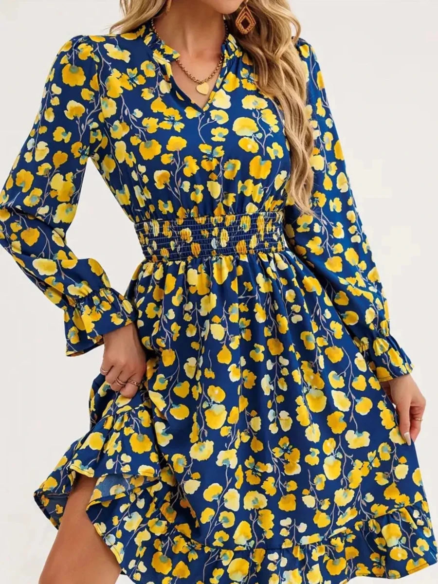 Floral Notched Flounce Sleeve Dress - Wow Store