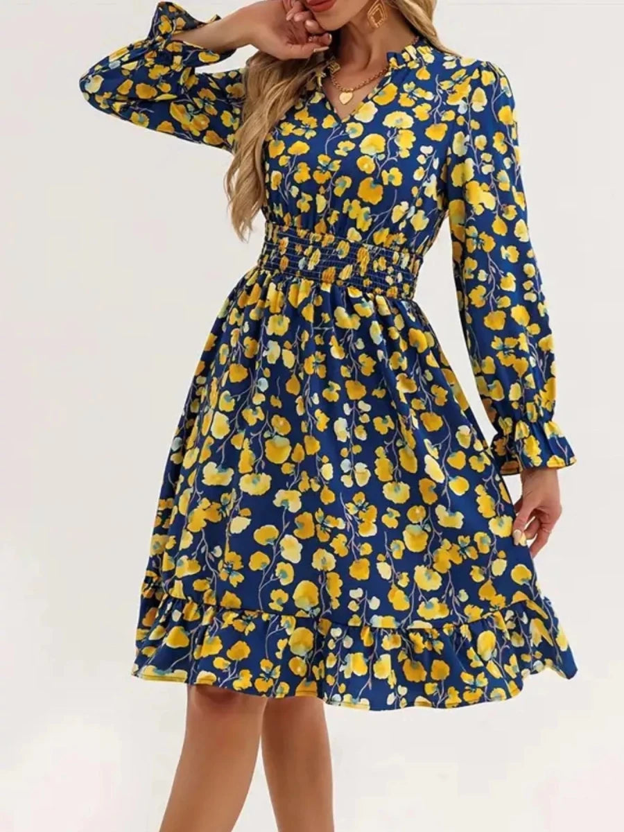 Floral Notched Flounce Sleeve Dress - Wow Store