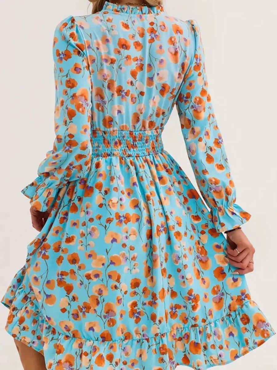 Floral Notched Flounce Sleeve Dress - Wow Store