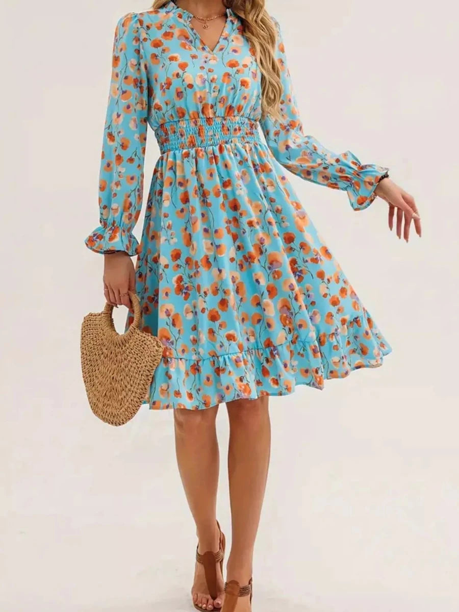 Floral Notched Flounce Sleeve Dress - Wow Store