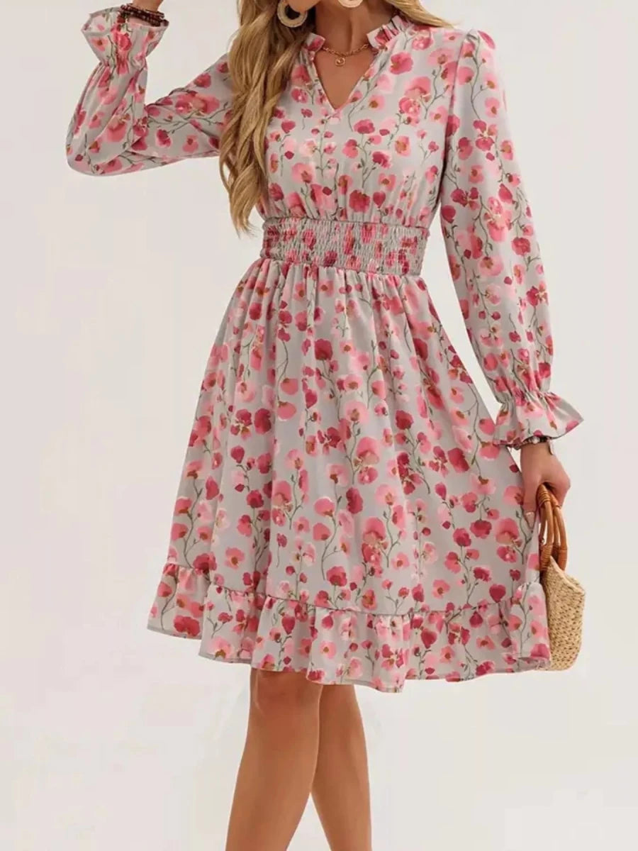 Floral Notched Flounce Sleeve Dress - Wow Store