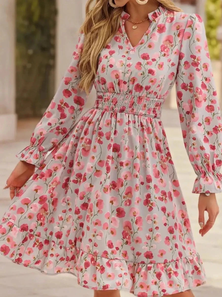 Floral Notched Flounce Sleeve Dress - Wow Store