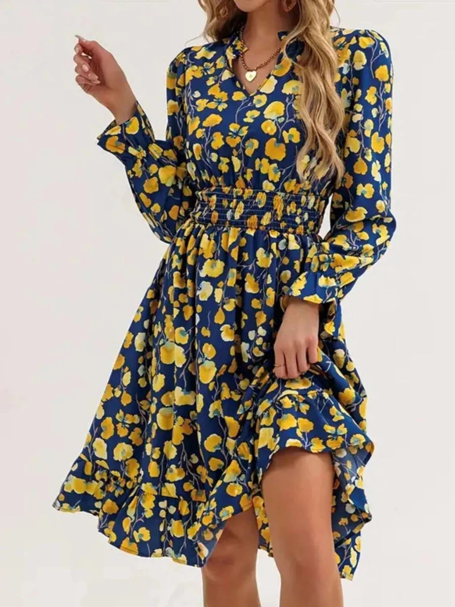 Floral Notched Flounce Sleeve Dress - Wow Store