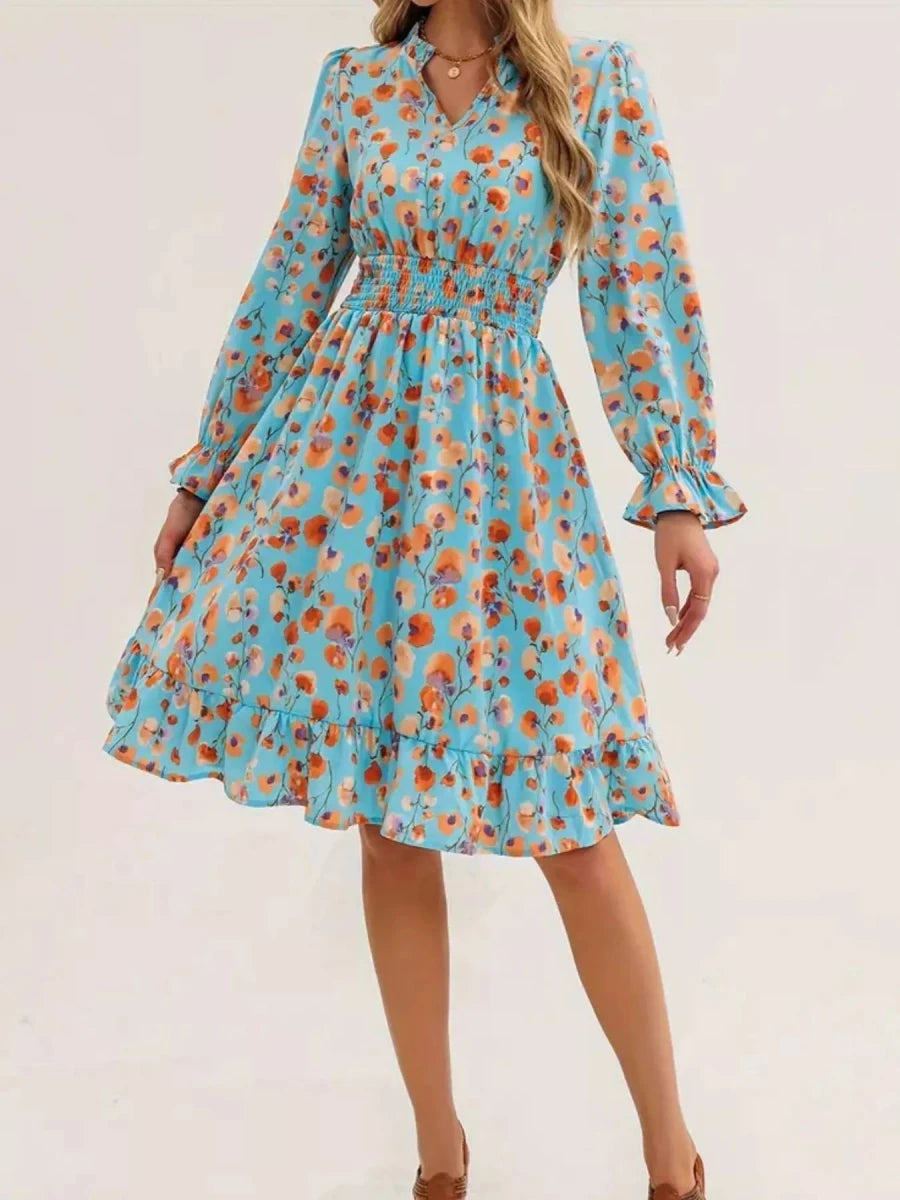 Floral Notched Flounce Sleeve Dress - Wow Store