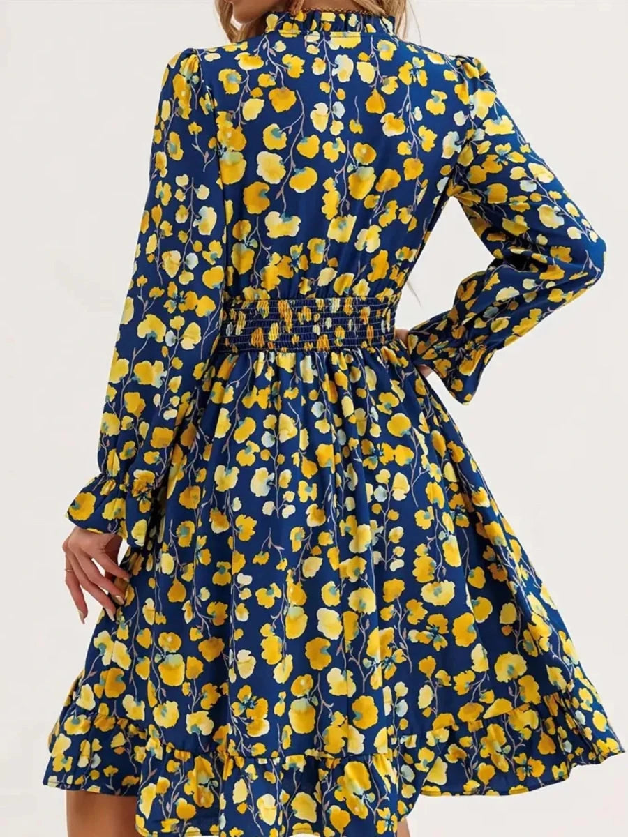 Floral Notched Flounce Sleeve Dress - Wow Store