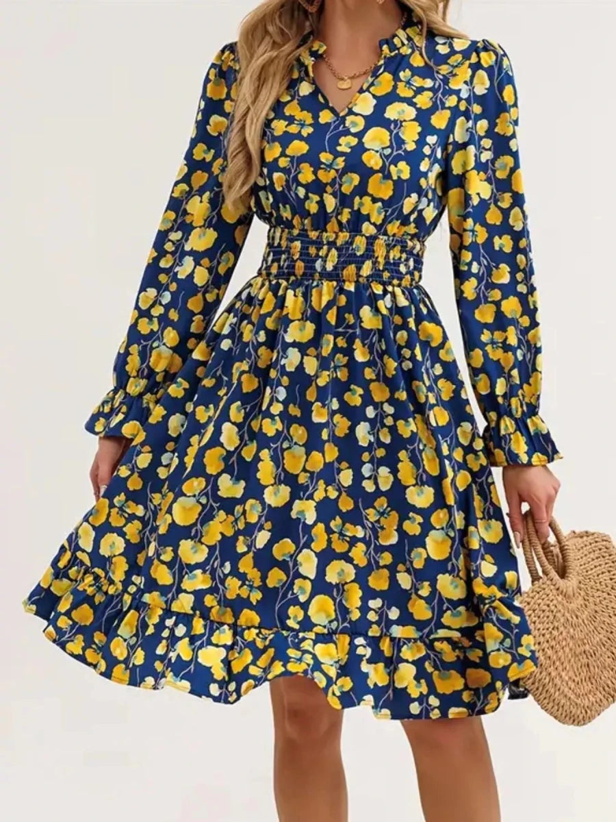 Floral Notched Flounce Sleeve Dress - Wow Store