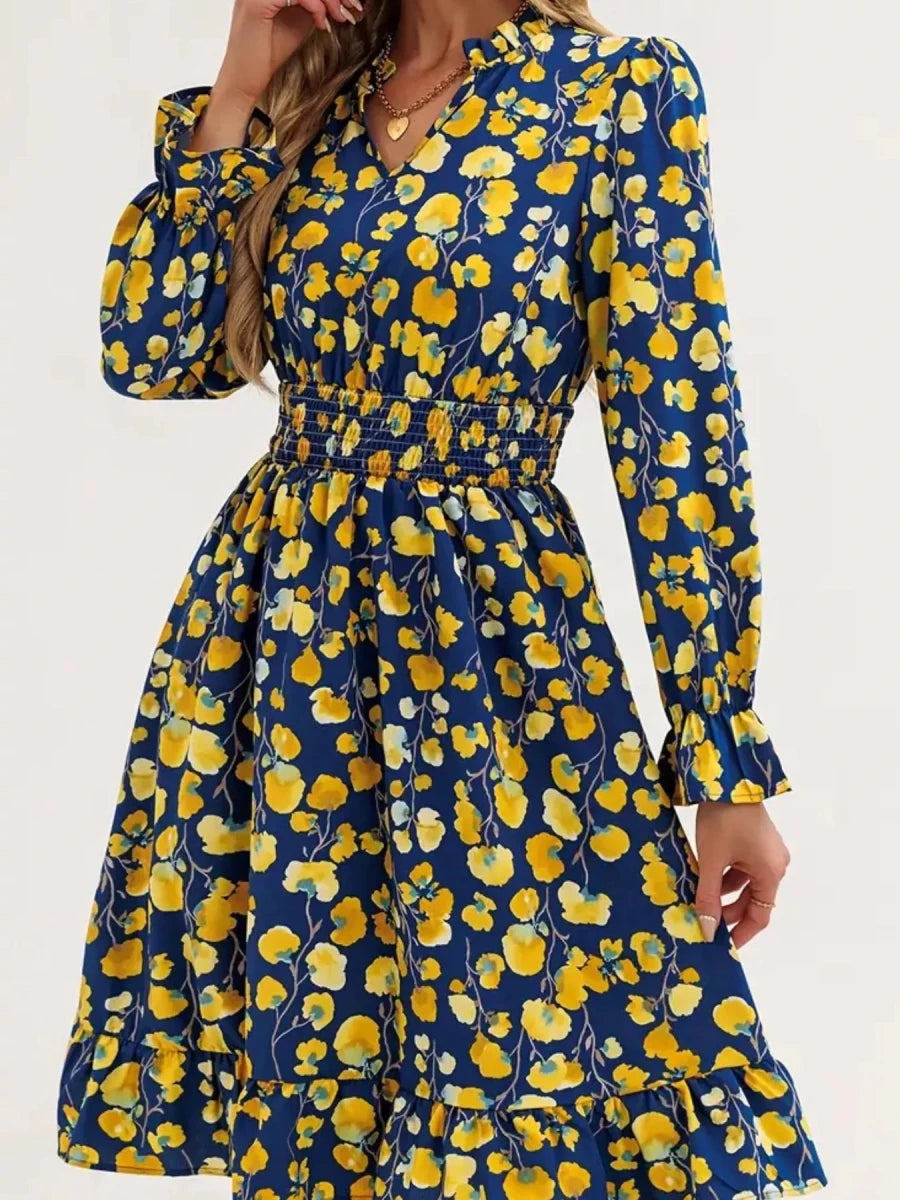 Floral Notched Flounce Sleeve Dress - Wow Store
