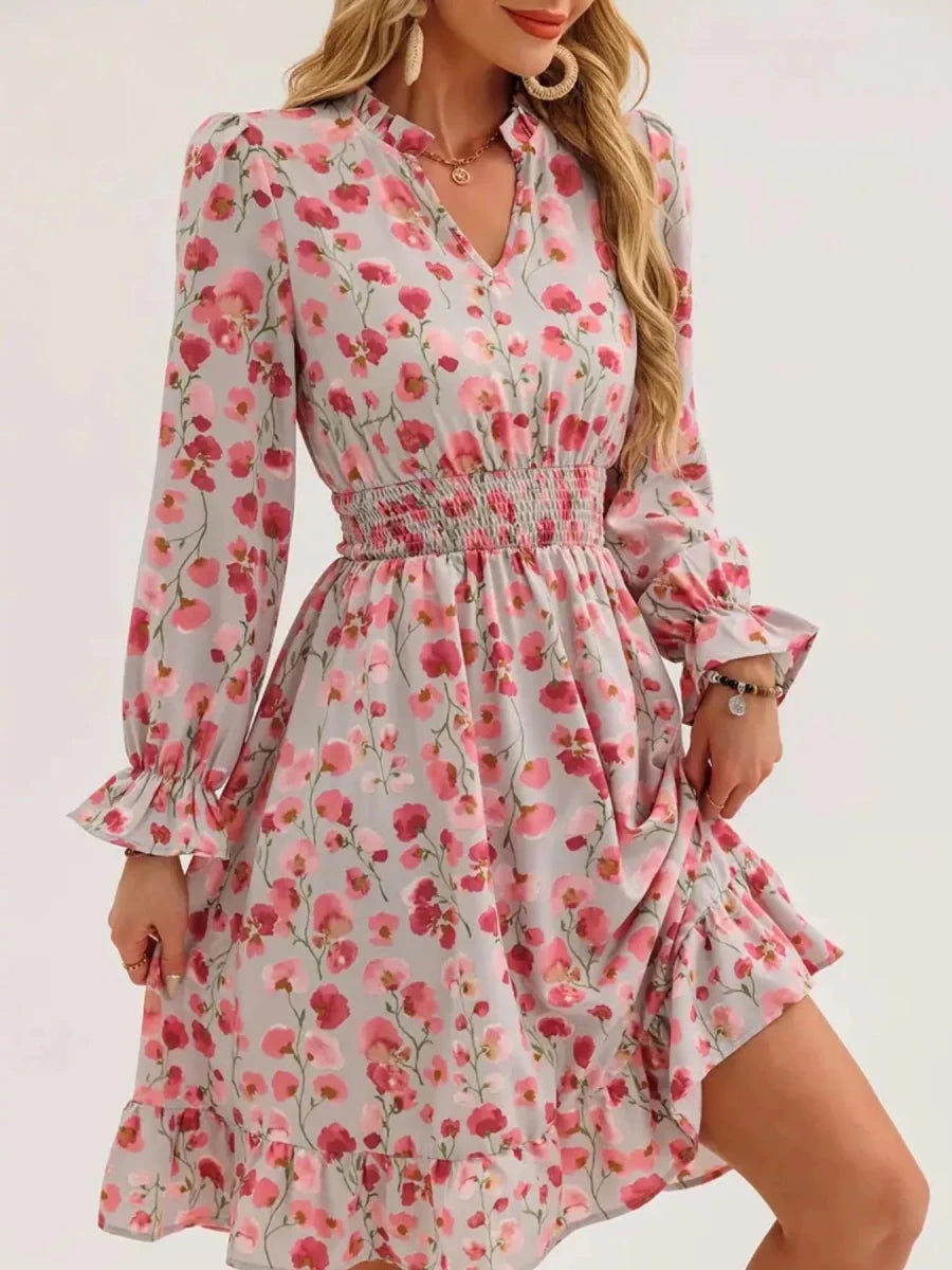 Floral Notched Flounce Sleeve Dress - Wow Store