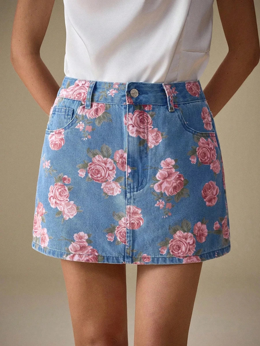 Floral Print Denim Mini Skirt - Bohemian style women's bottoms with vibrant floral pattern on denim fabric