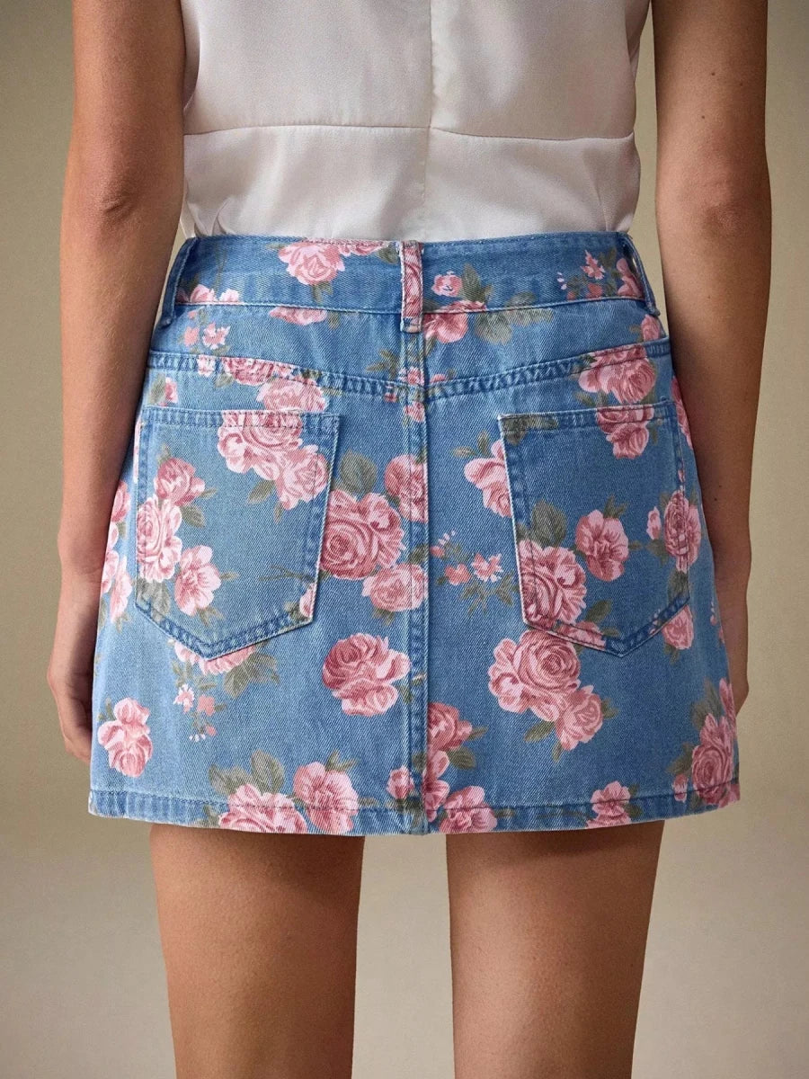 Floral Print Denim Skirt - Wow Store