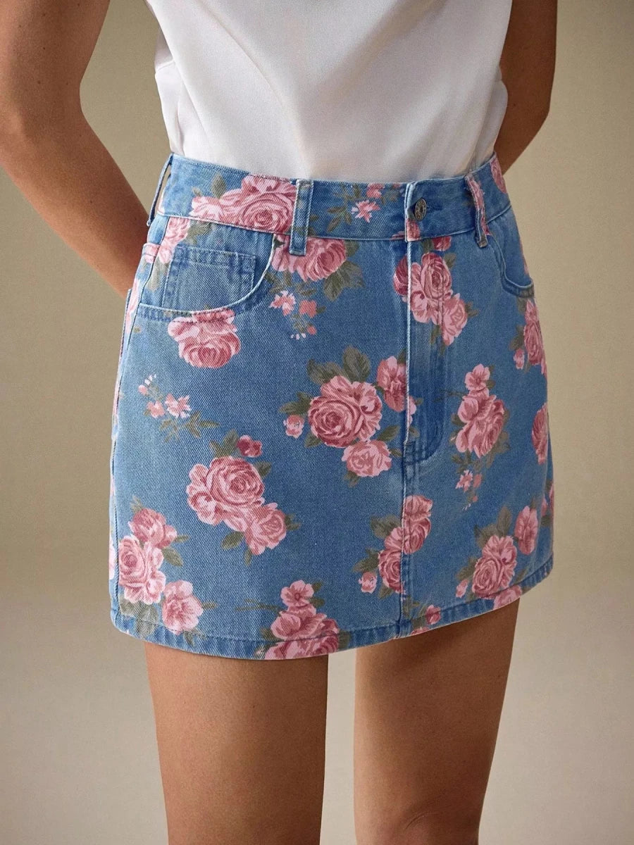 Floral Print Denim Skirt - Wow Store