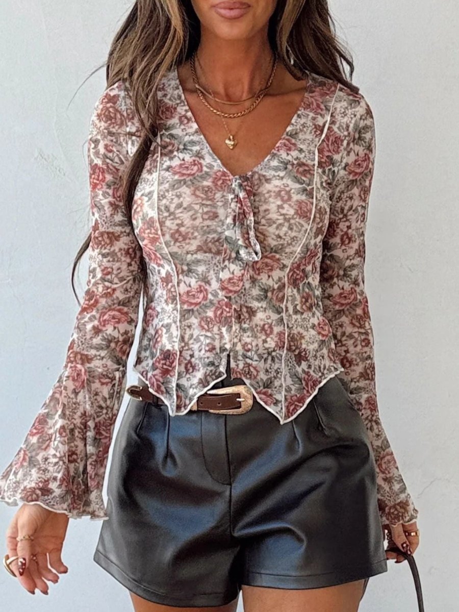 Floral Print Flounce Sleeve Blouse - Wow Store