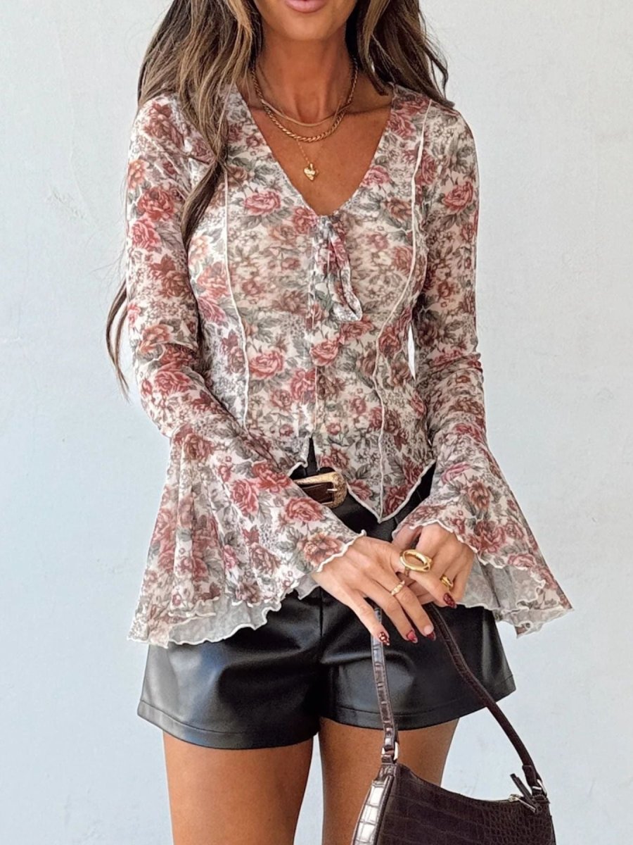 Floral Print Flounce Sleeve Blouse - Wow Store