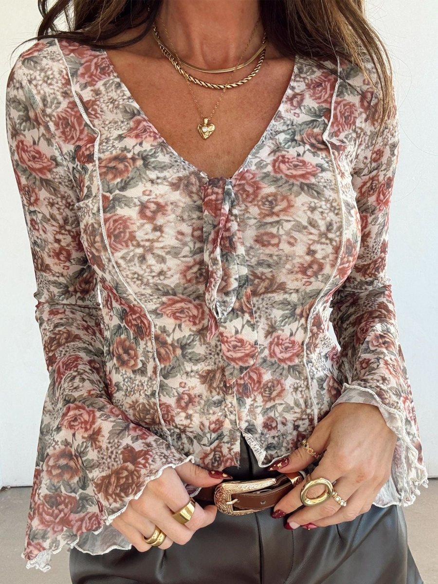 Floral Print Flounce Sleeve Blouse - Wow Store