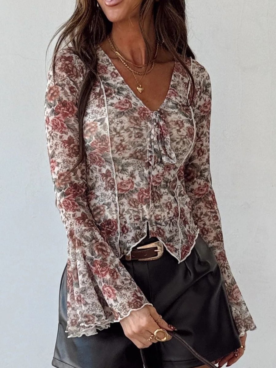 Floral Print Flounce Sleeve Blouse - Wow Store
