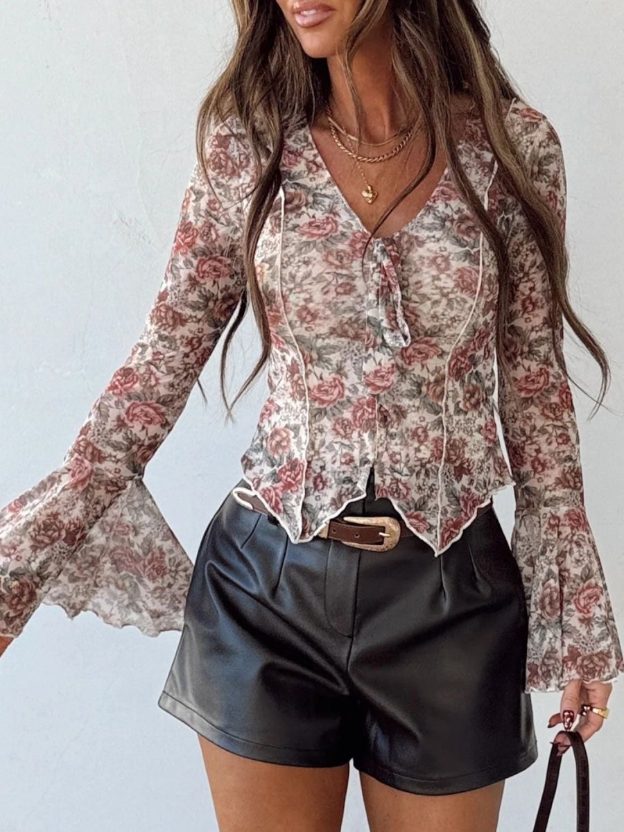 Floral Print Flounce Sleeve Blouse with ruffled sleeves and tied neckline — floral blouse fashion top