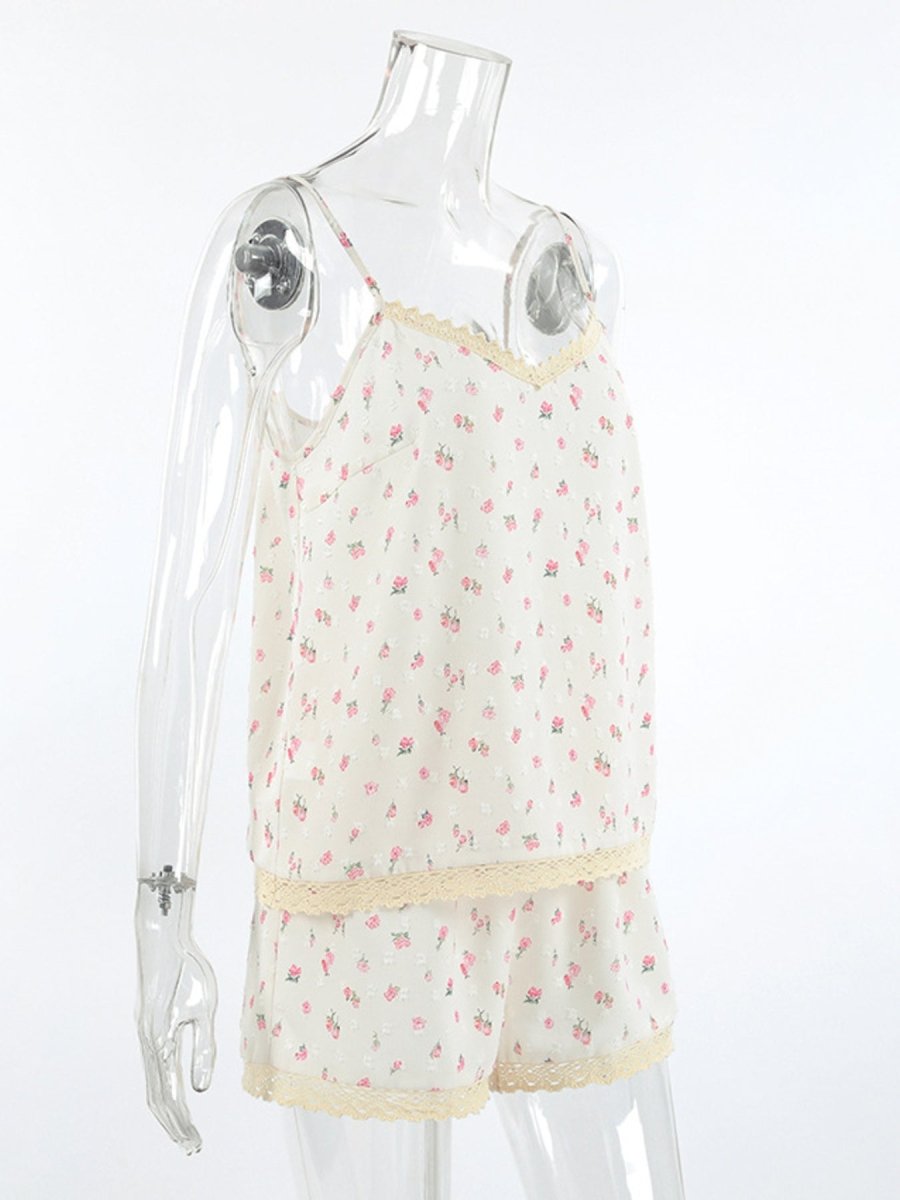 Floral Print Lace Trim Cami and Shorts Set - Wow Store