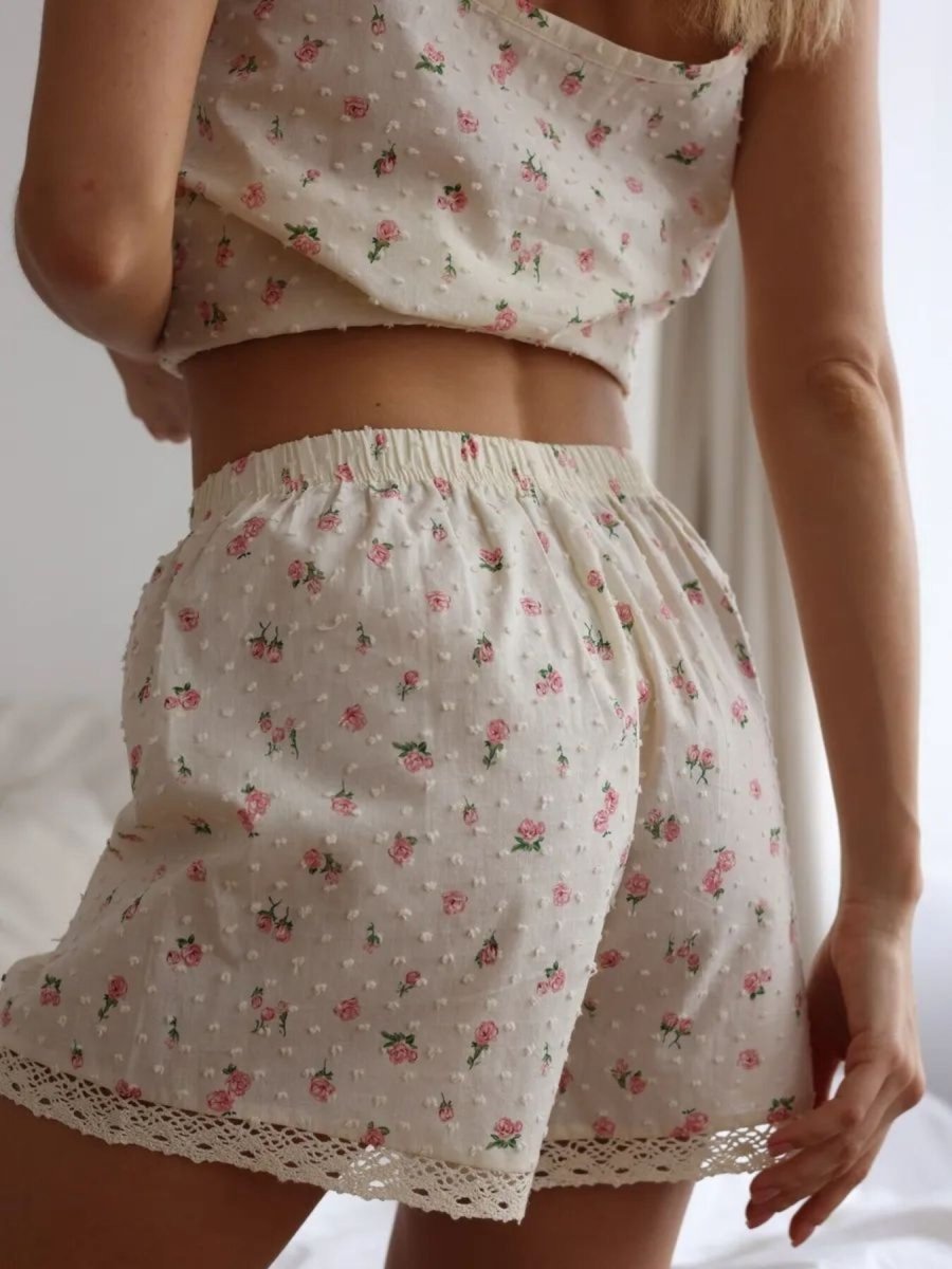Floral Print Lace Trim Cami and Shorts Set - Wow Store