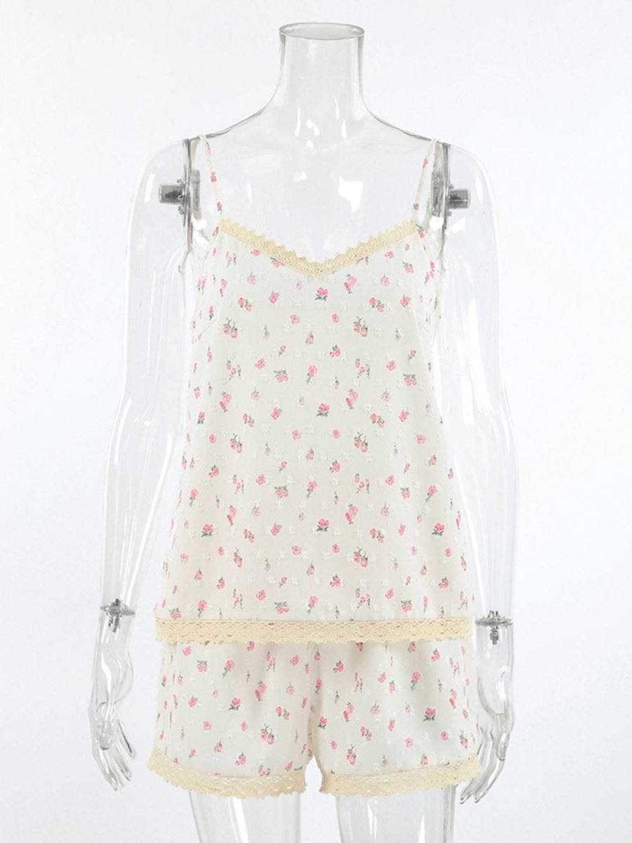 Floral Print Lace Trim Cami and Shorts Set - Wow Store