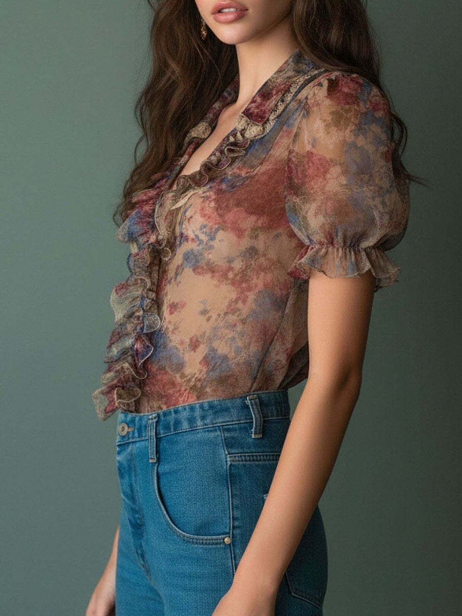 Floral Print Ruffle Trim Blouse - Wow Store