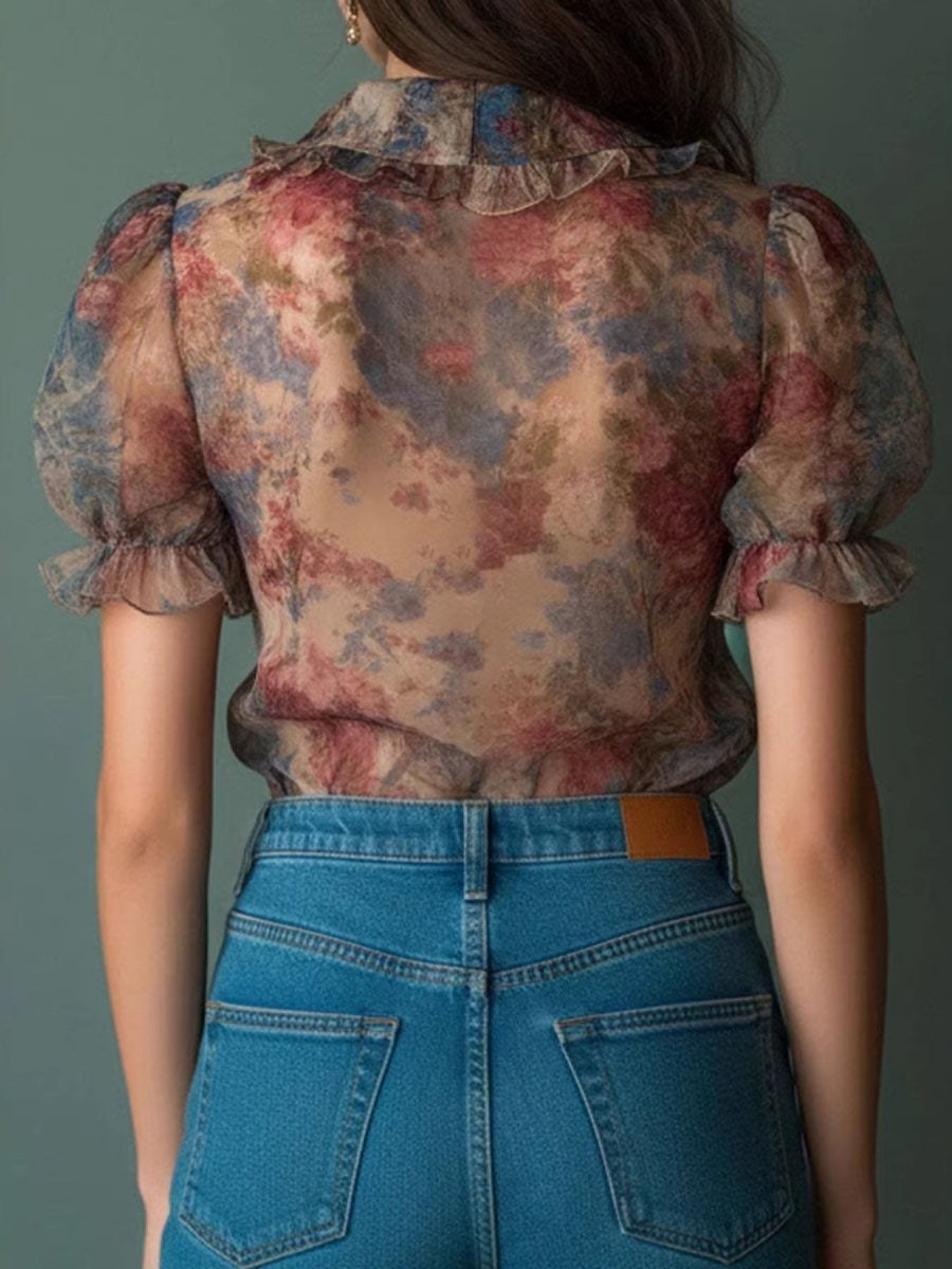 Floral Print Ruffle Trim Blouse - Wow Store