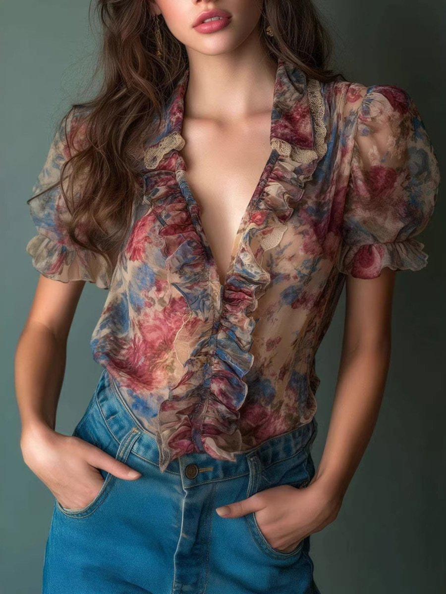 Floral Print Ruffle Trim Blouse - Wow Store