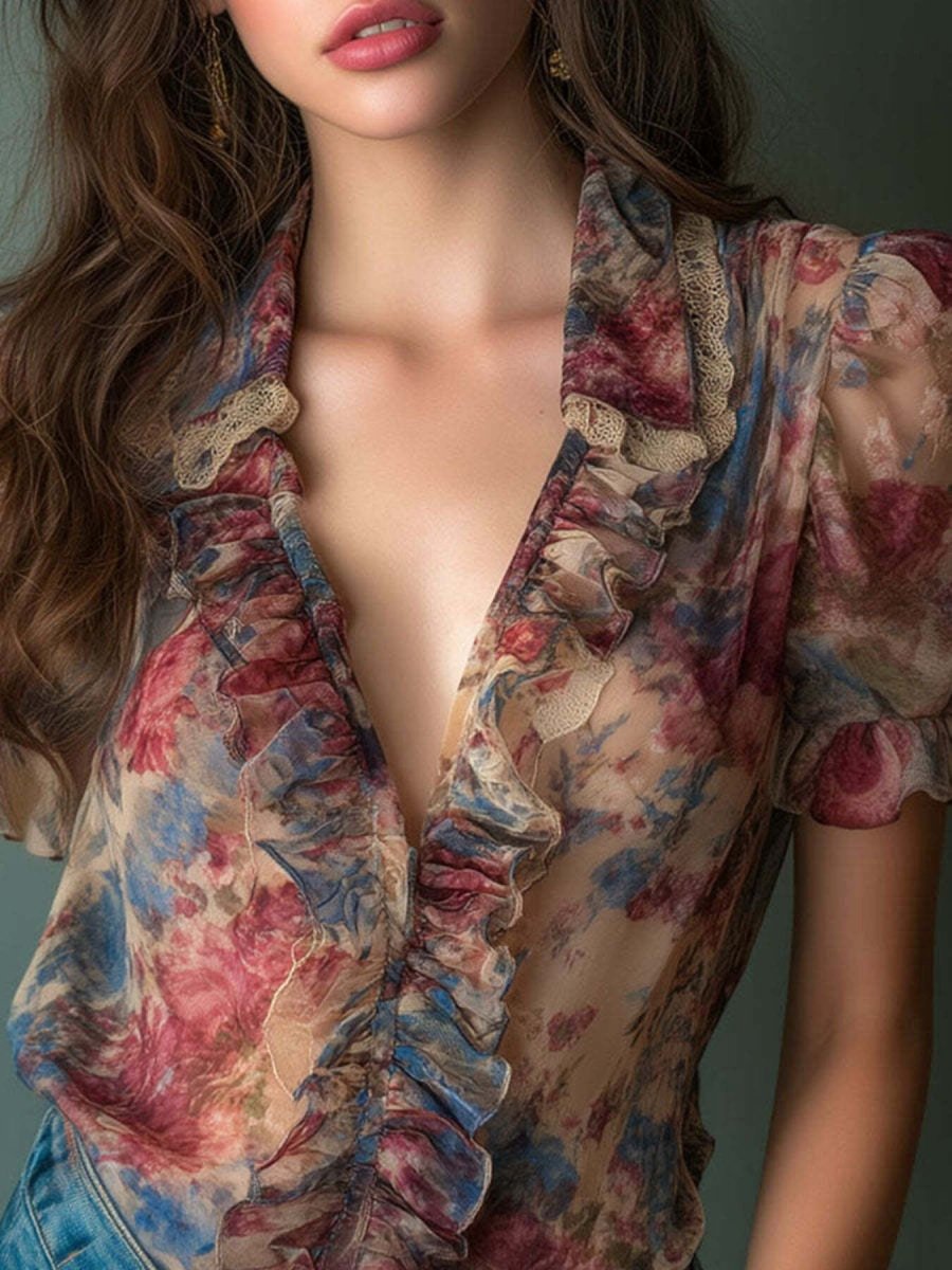 Floral Print Ruffle Trim Blouse - Wow Store