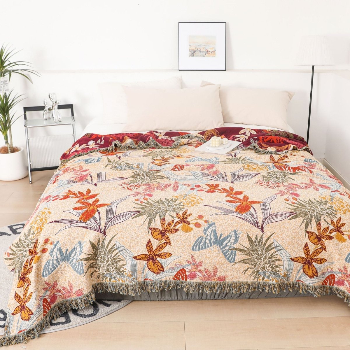 Floral Woven Bedspread with Fringe, 200 x 230 cm