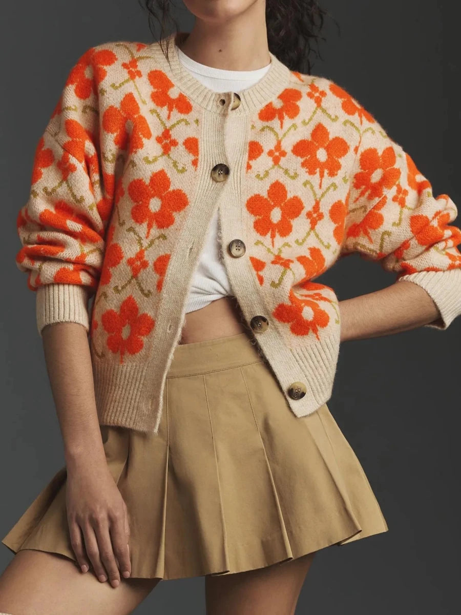 Flower Button Up Long Sleeve Cardigan - Wow Store
