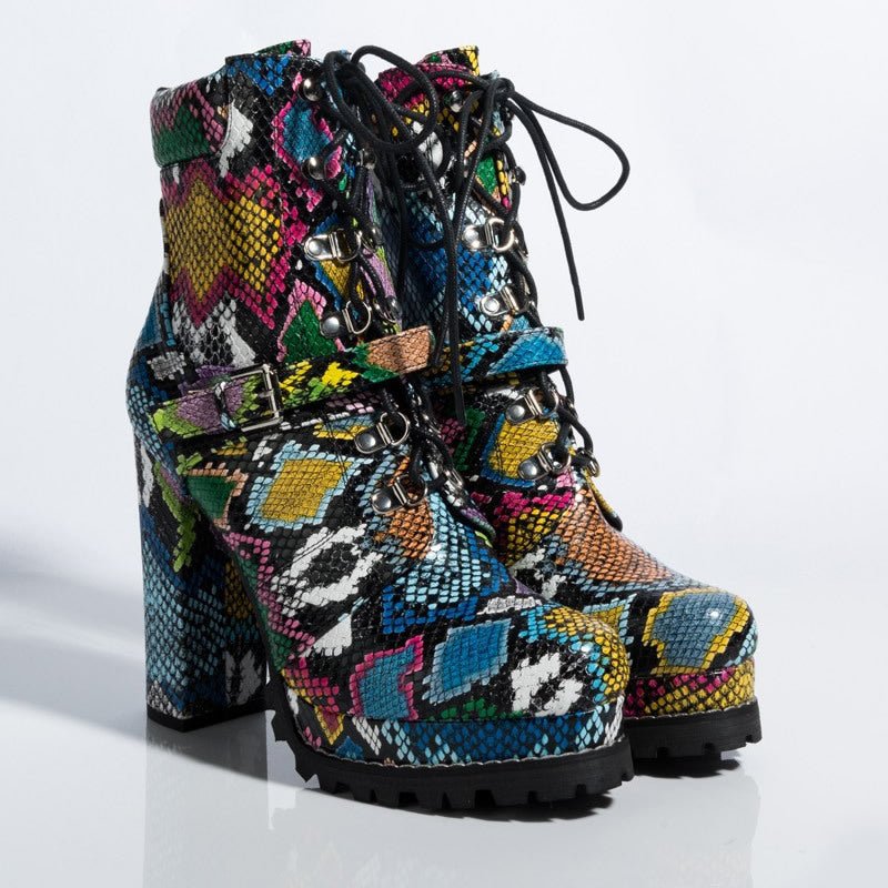 Flower Skin Snake Print Waterproof Platform Boots - Wow Store