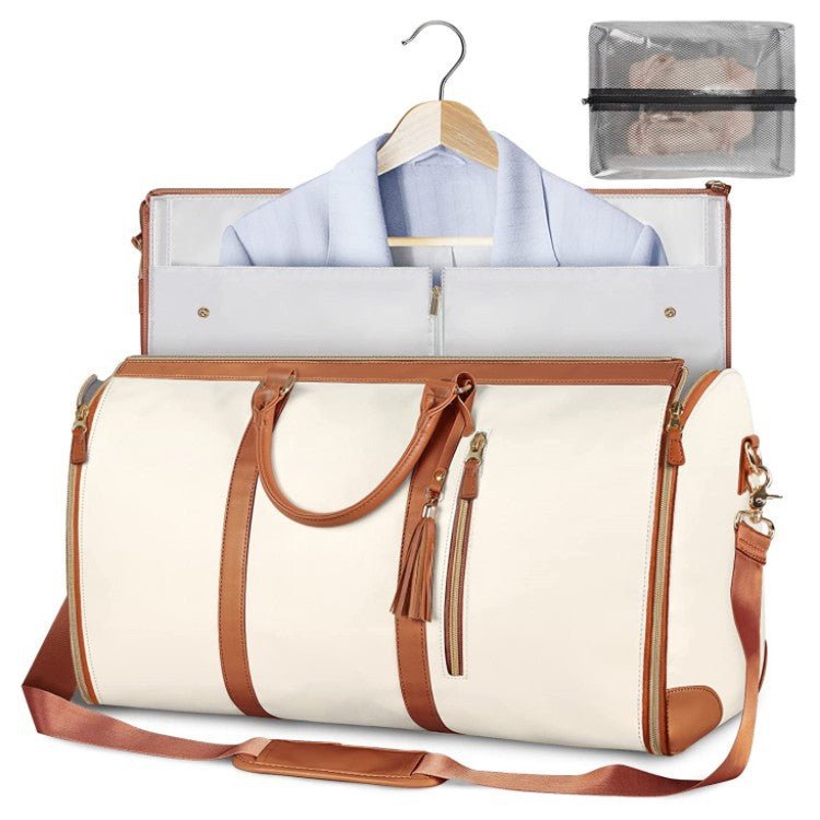 Cream and brown foldable garment duffle bag open with shirt on hanger, showing interior and mesh shoe pouch