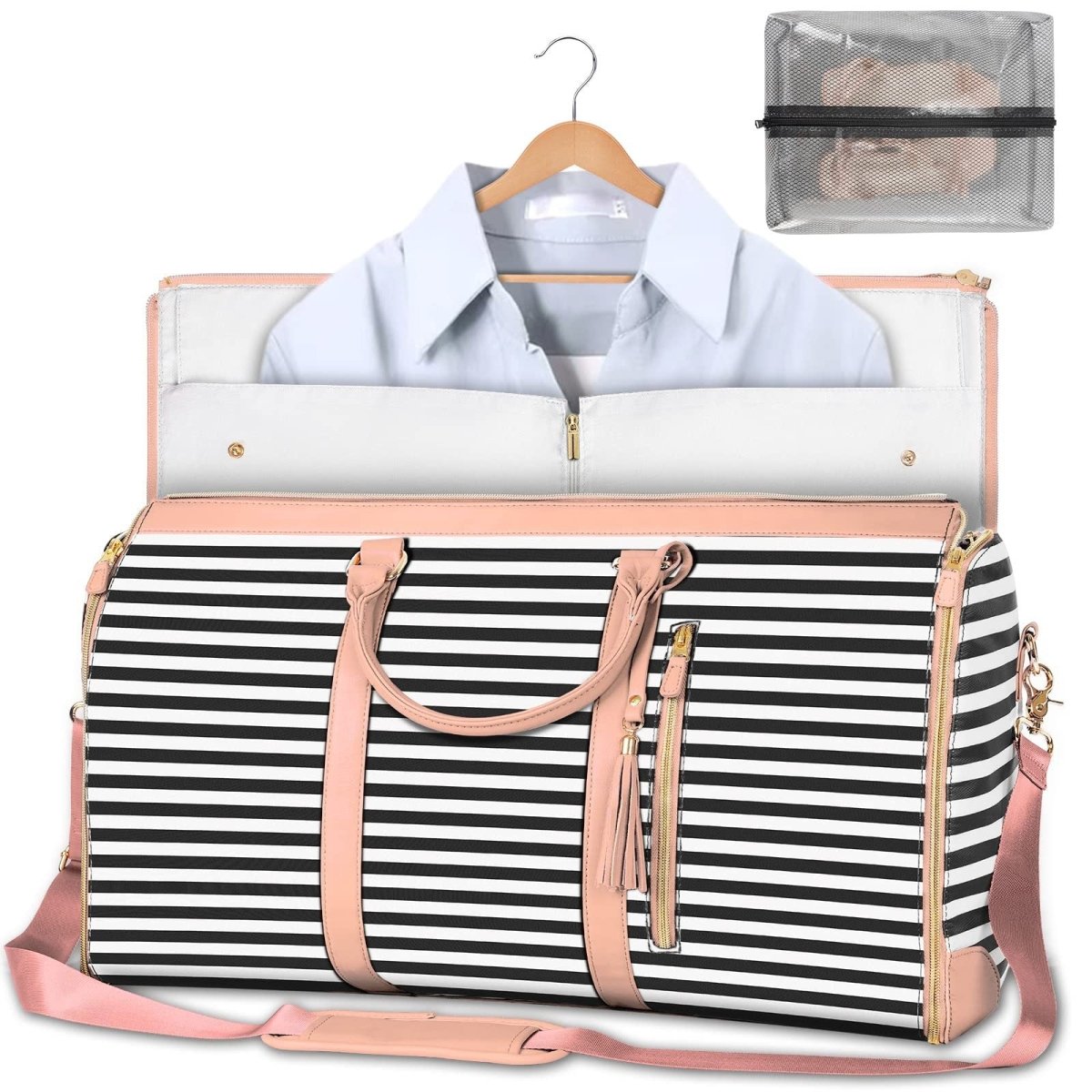 Foldable Garment Duffle Bag with Shoulder Strap in black stripe