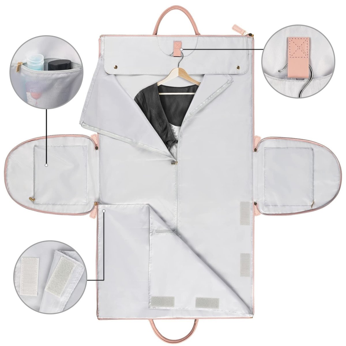 Flat lay of opened garment bag showing interior layout with hanger hook, side pockets, and accessory compartments