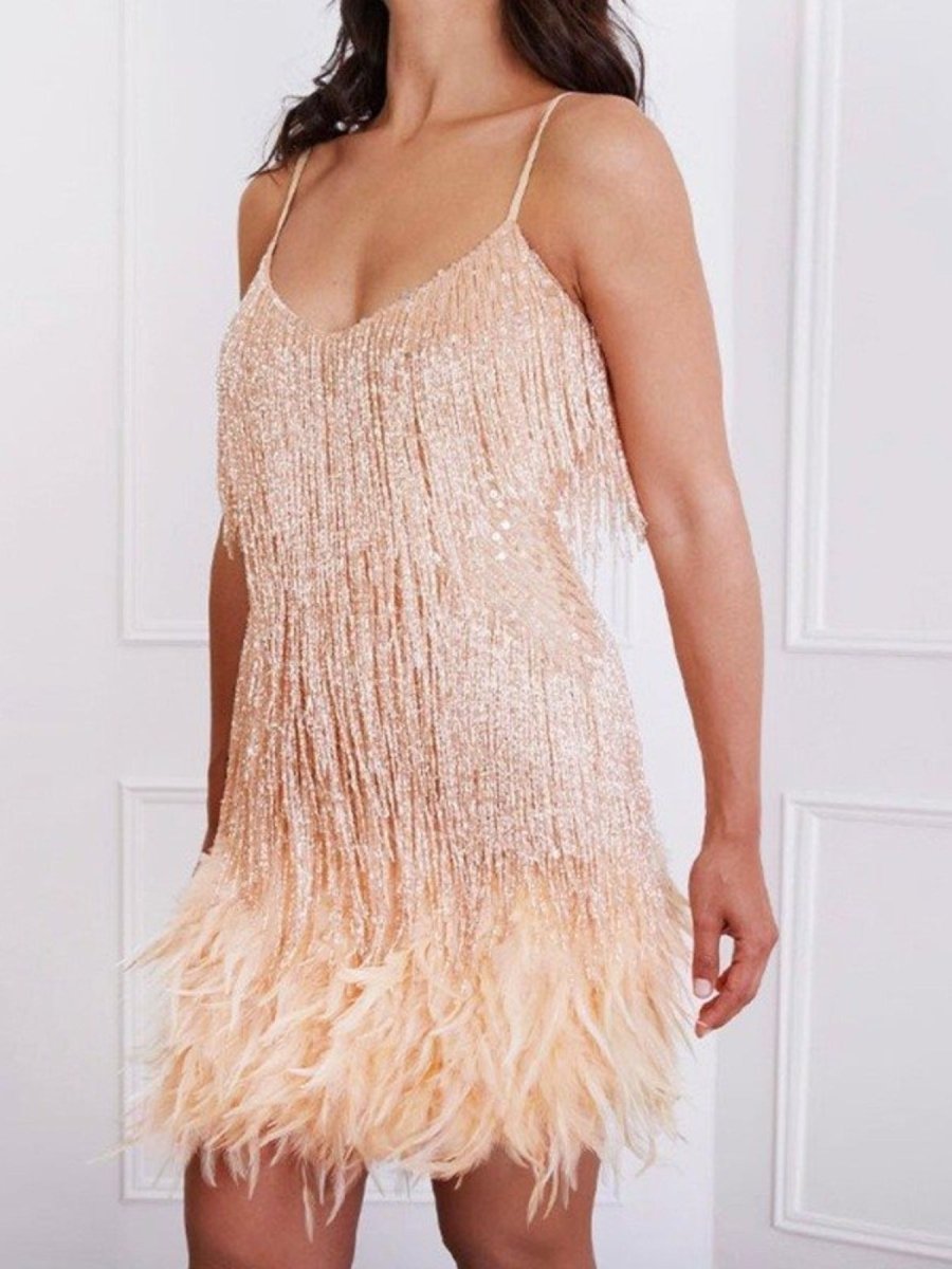 Fringe Feather Hem Mini Dress - Wow Store
