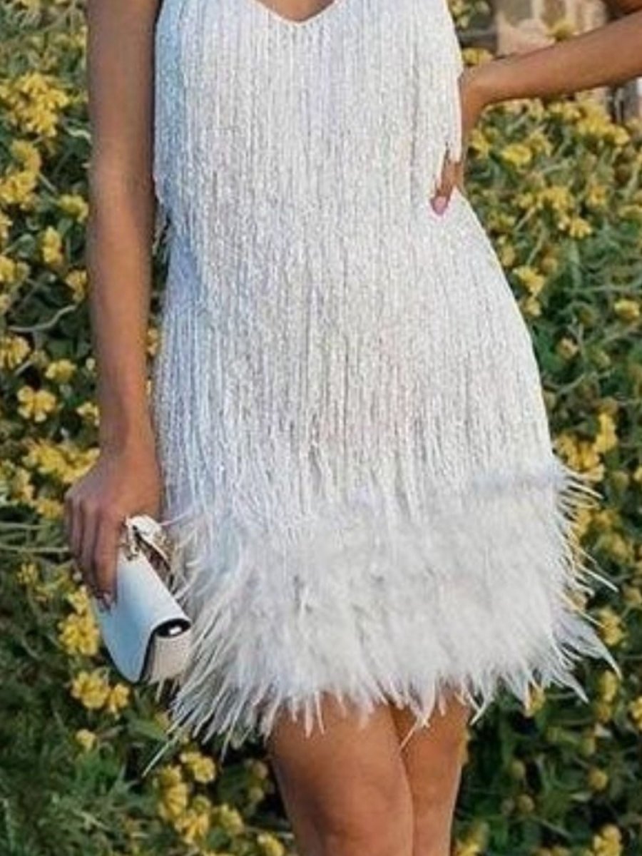 Fringe Feather Hem Mini Dress - Wow Store