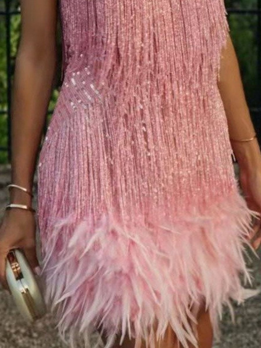 Fringe Feather Hem Mini Dress - Wow Store