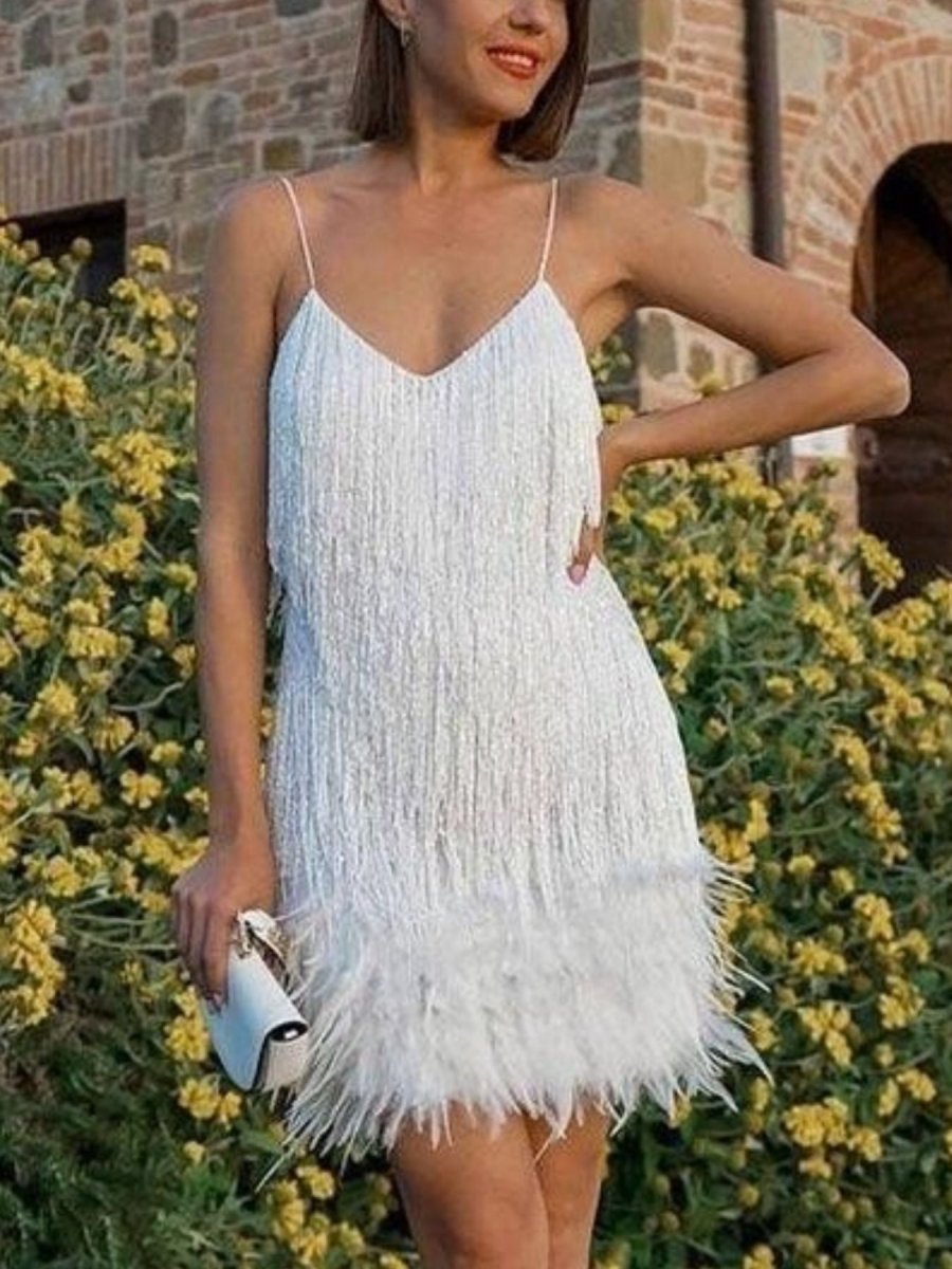 Fringe Feather Hem Mini Dress - Wow Store