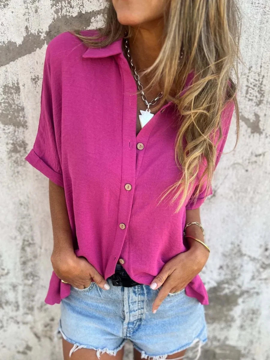 Full Size Collared Neck Half Sleeve Shirt Plus Size - Wow Store