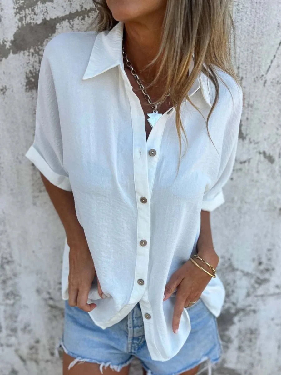 Full Size Collared Neck Half Sleeve Shirt in soft grey with relaxed fit and half-sleeve design - Comfortable Everyday Top