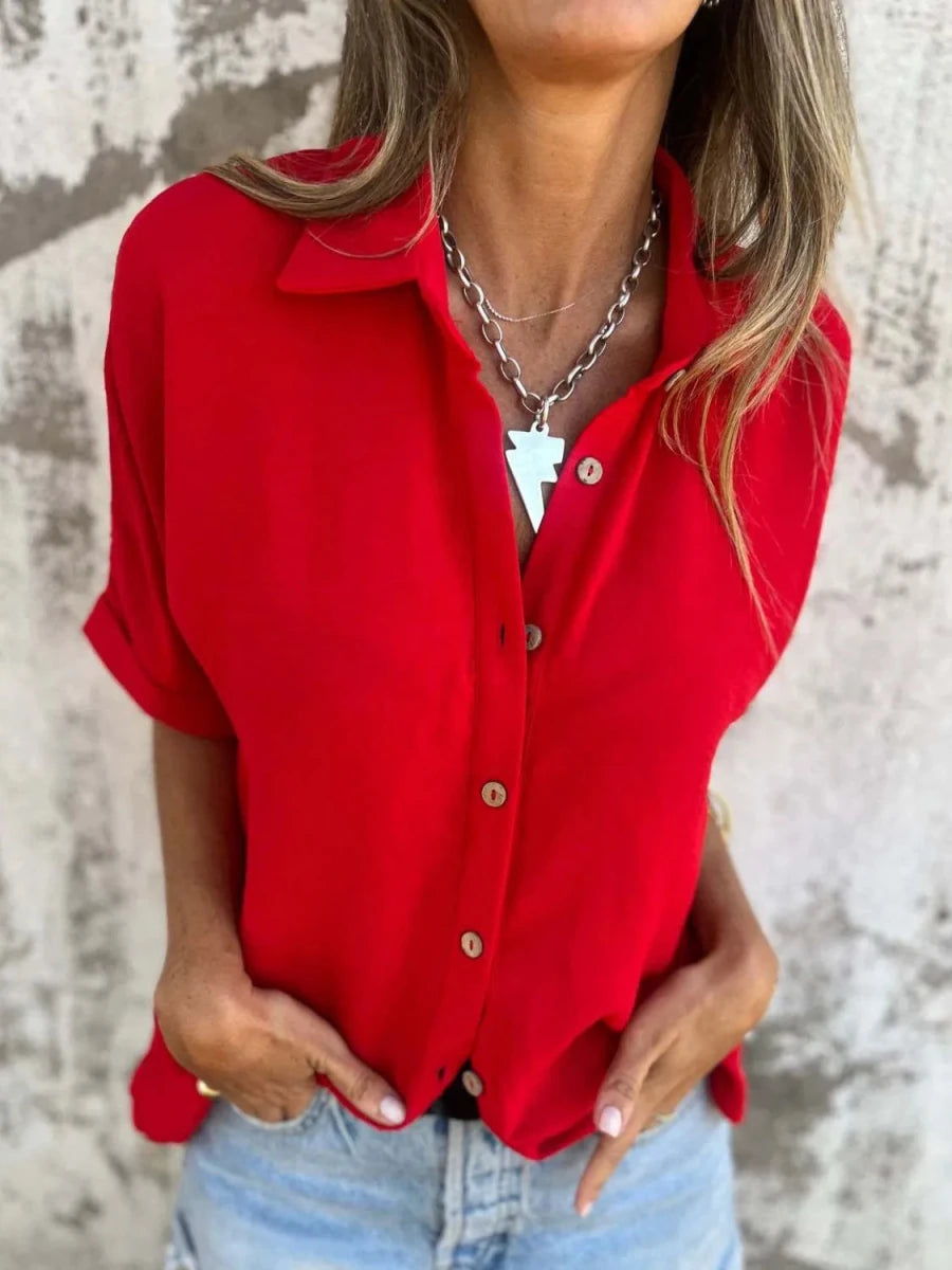 Full Size Collared Neck Half Sleeve Shirt Plus Size - Wow Store