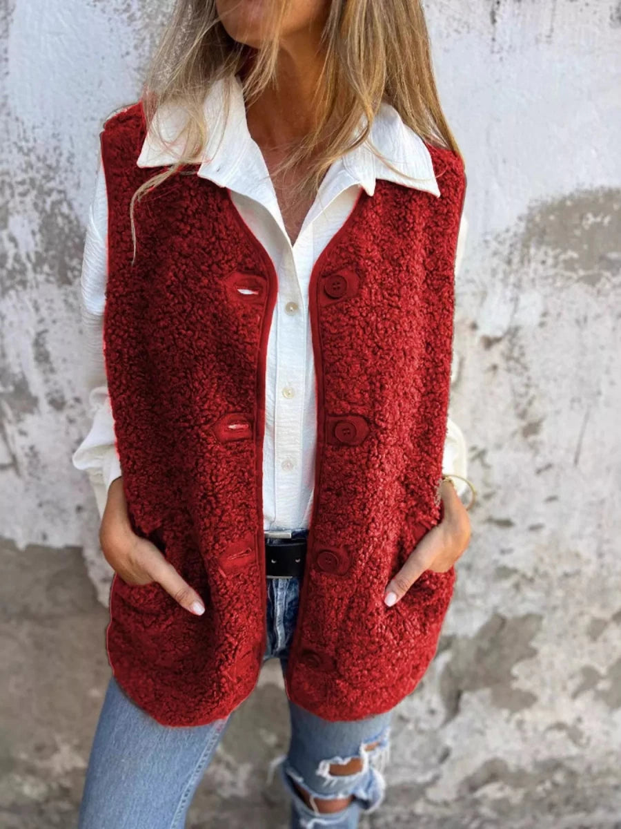 Full Size Cozy Sherpa Fleece Button - Up Vest Coat with Pockets Plus Size - Wow Store