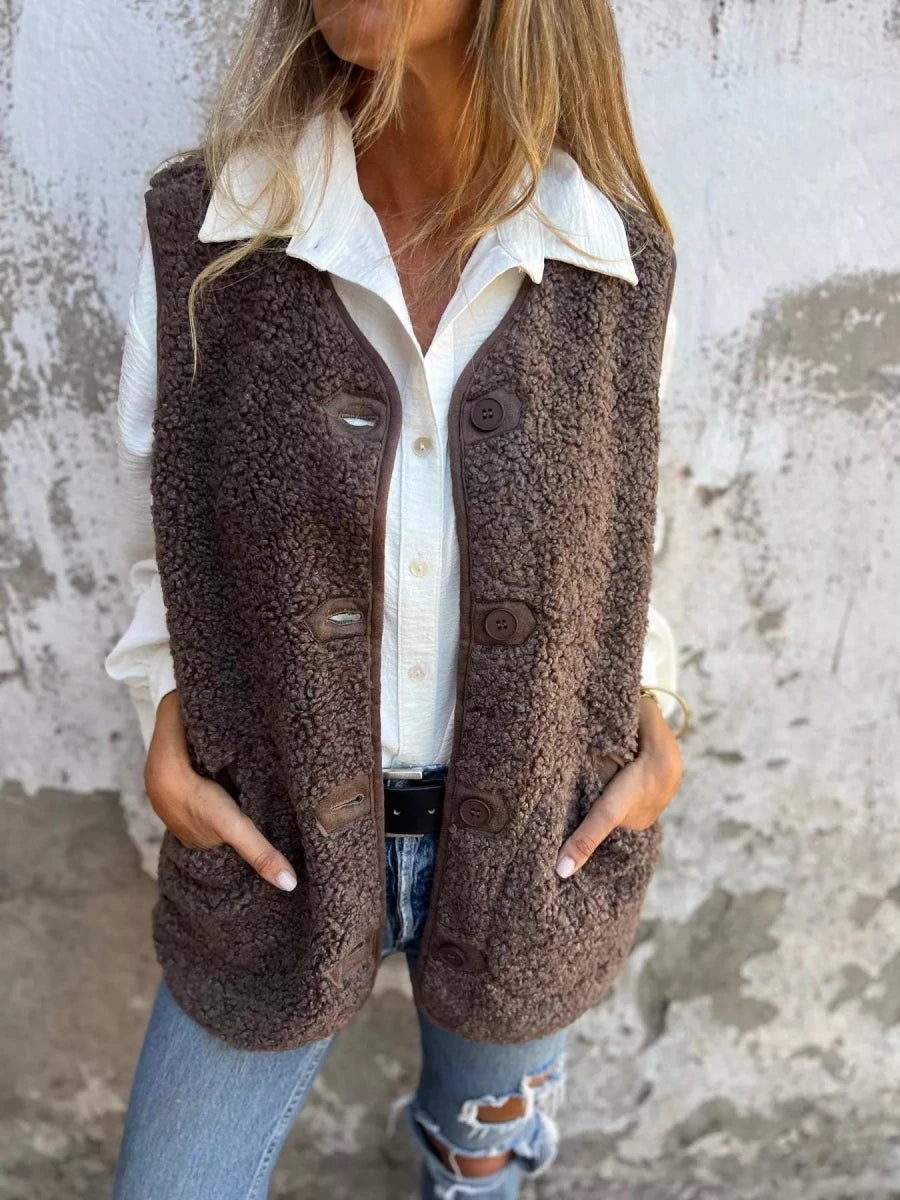 Full Size Cozy Sherpa Fleece Button - Up Vest Coat with Pockets Plus Size - Wow Store