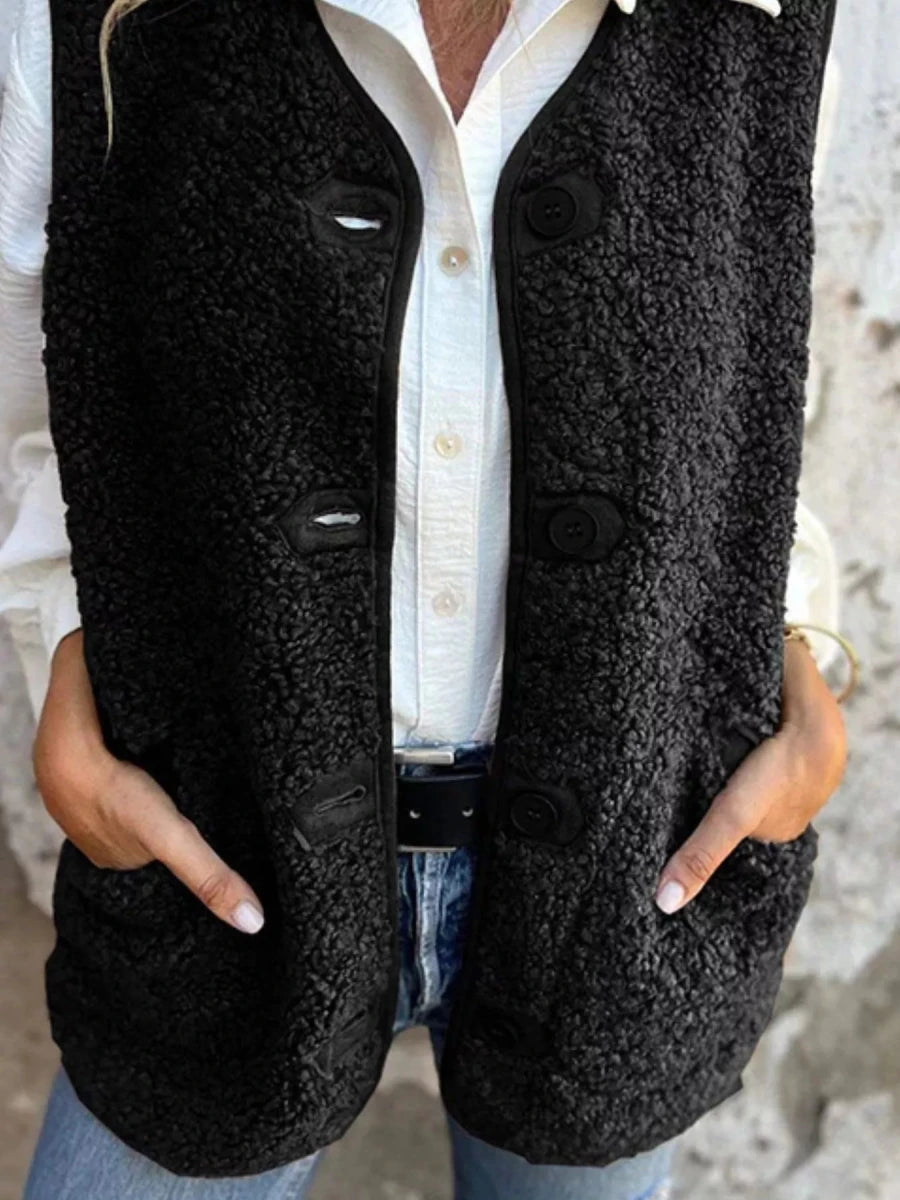 Full Size Cozy Sherpa Fleece Button - Up Vest Coat with Pockets Plus Size - Wow Store
