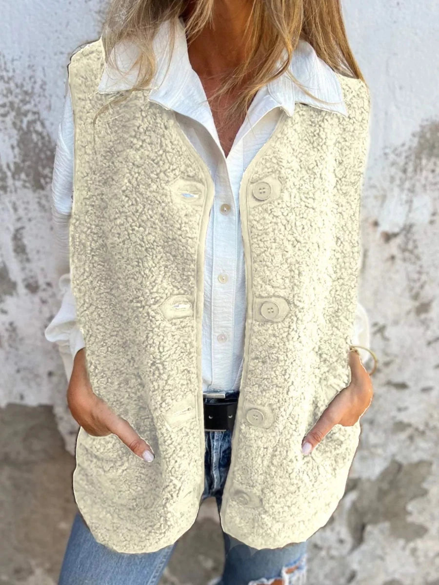 Full Size Cozy Sherpa Fleece Button - Up Vest Coat with Pockets Plus Size - Wow Store