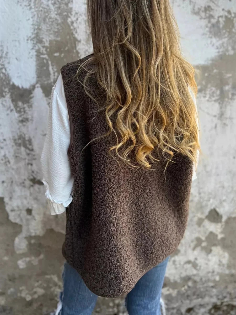 Full Size Cozy Sherpa Fleece Button - Up Vest Coat with Pockets Plus Size - Wow Store